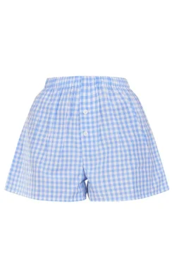 Blue Check Printed Button Front Cotton Poplin Shorts