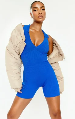 PrettyLittleThing Unitards*Collared Rib Knit Unitard