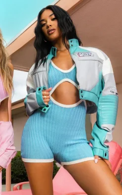 Blue Contrast Binding Cut Out Knit Romper
