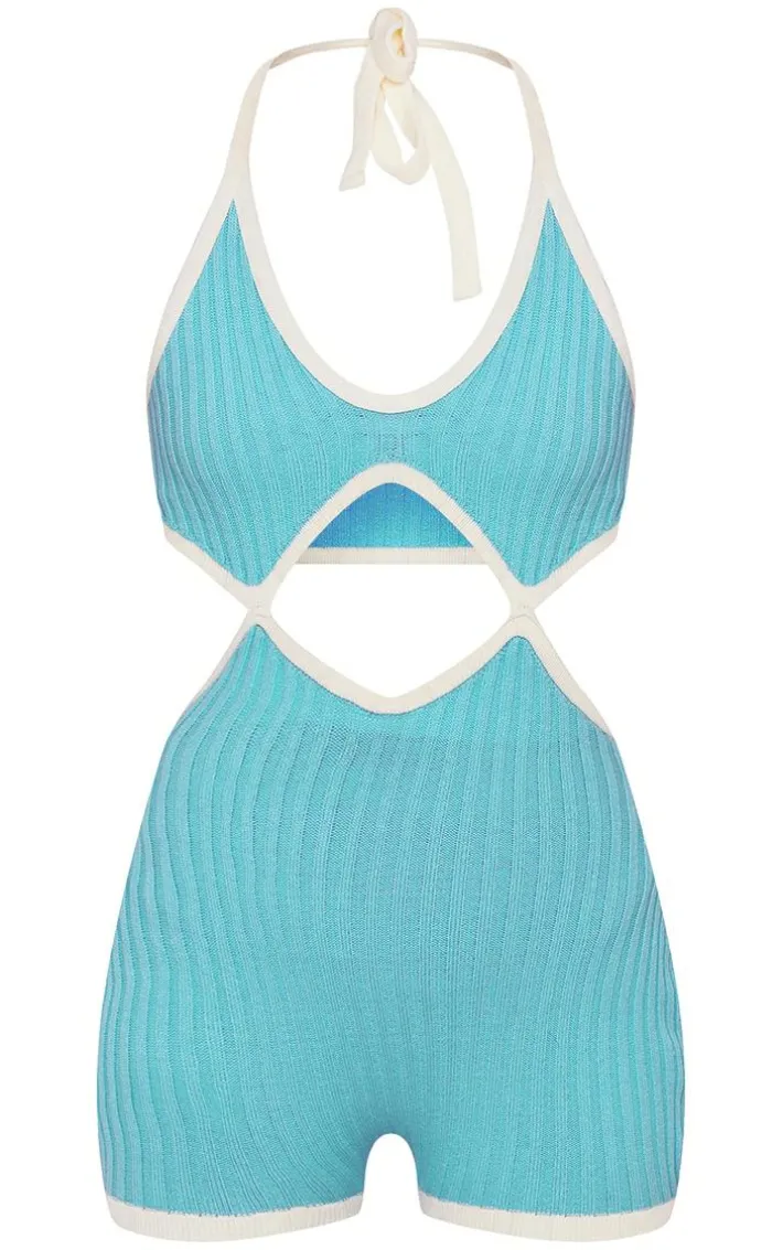 Blue Contrast Binding Cut Out Knit Romper