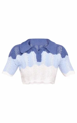 Sale PrettyLittleThing Contrast Crochet Knit Cropped Top Blue