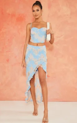 Clearance PrettyLittleThing Contrast Lace Asymmetric Hem Split Front Midaxi Skirt Blue