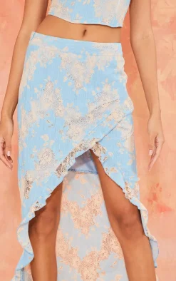Clearance PrettyLittleThing Contrast Lace Asymmetric Hem Split Front Midaxi Skirt Blue