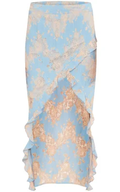 Clearance PrettyLittleThing Contrast Lace Asymmetric Hem Split Front Midaxi Skirt Blue