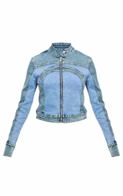 Blue Contrast Panel Racer Denim Jacket