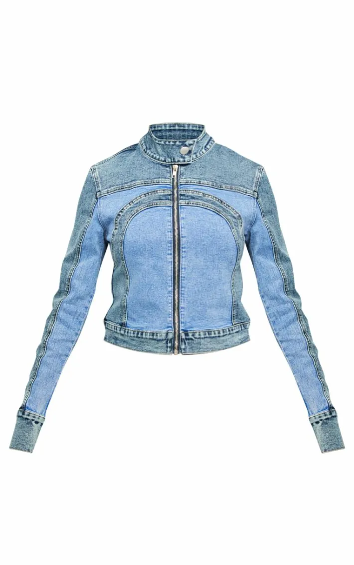 Blue Contrast Panel Racer Denim Jacket