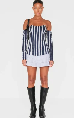 Contrast Pinstripe Bardot Shift Dress-PrettyLittleThing Sale