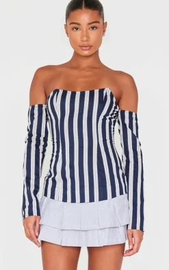 Contrast Pinstripe Bardot Shift Dress-PrettyLittleThing Sale