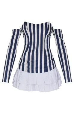 Contrast Pinstripe Bardot Shift Dress-PrettyLittleThing Sale