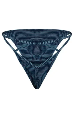 Blue Contrast Textured Rib O Ring Strappy Bikini Bottoms