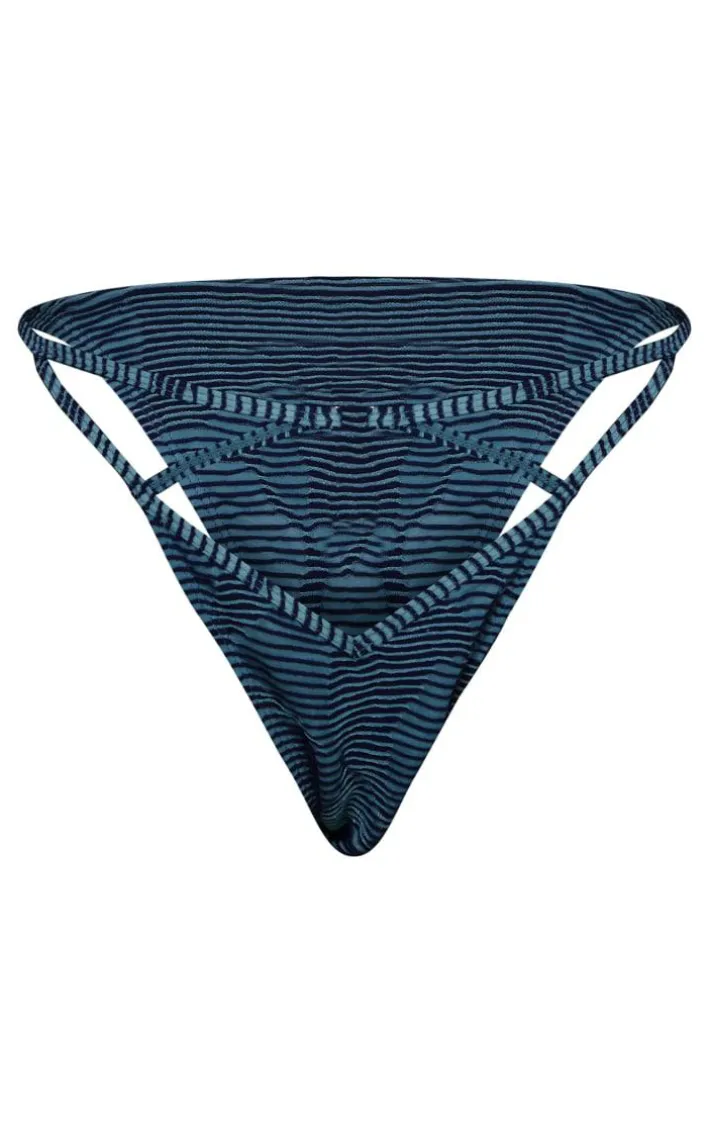 Blue Contrast Textured Rib O Ring Strappy Bikini Bottoms
