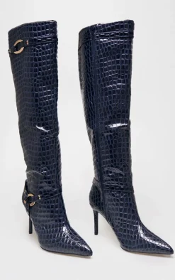 PrettyLittleThing Knee High Boots*Croc PU Point Toe Ring Detail Knee High Heeled Boots