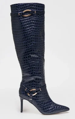 PrettyLittleThing Knee High Boots*Croc PU Point Toe Ring Detail Knee High Heeled Boots