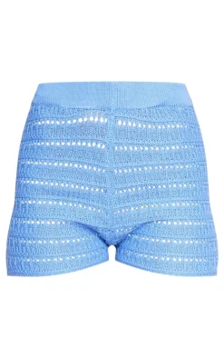 PrettyLittleThing Crochet Knit Mini Shorts Blue