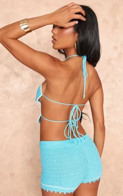 New PrettyLittleThing Crochet Knit Tie Back Flower Bralet Blue