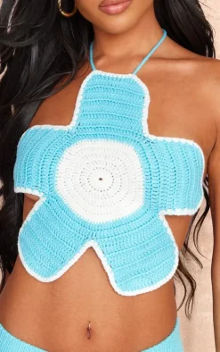 New PrettyLittleThing Crochet Knit Tie Back Flower Bralet Blue