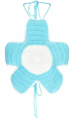 New PrettyLittleThing Crochet Knit Tie Back Flower Bralet Blue