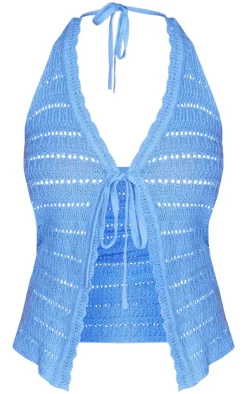 Outlet PrettyLittleThing Crochet Knit Tie Front Halterneck Top Blue