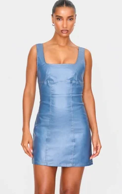 Cut Out Back Coated Denim Mini Dress-PrettyLittleThing Online