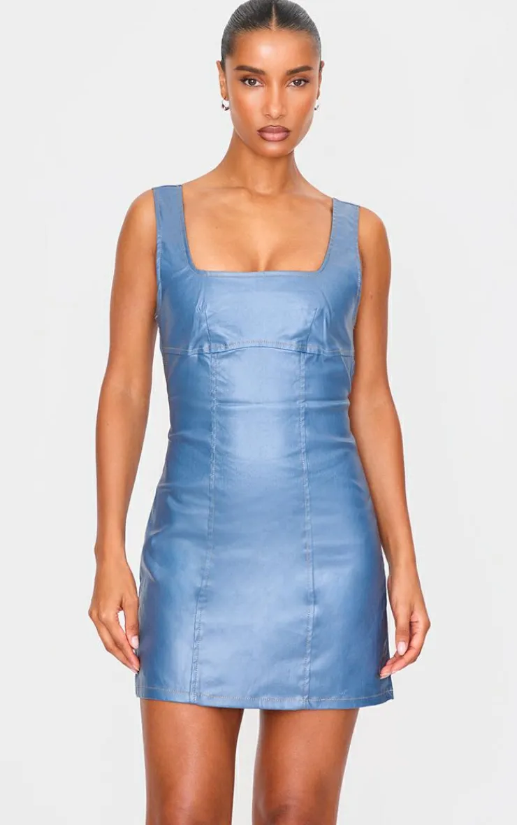 Cut Out Back Coated Denim Mini Dress-PrettyLittleThing Online