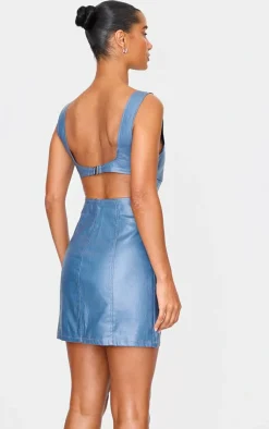 Cut Out Back Coated Denim Mini Dress-PrettyLittleThing Online