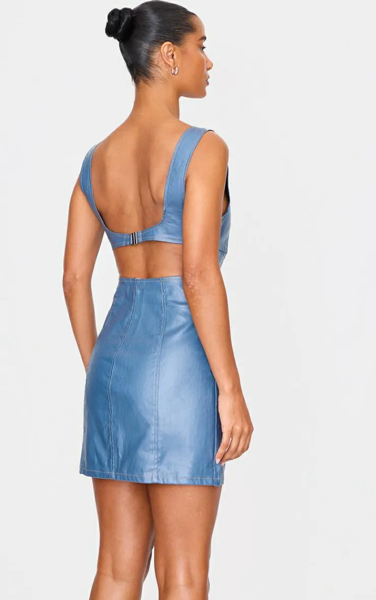 Cut Out Back Coated Denim Mini Dress-PrettyLittleThing Online
