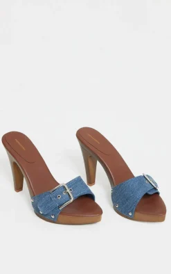 PrettyLittleThing Mules*Denim Buckle Detail Vintage High Heeled Mules