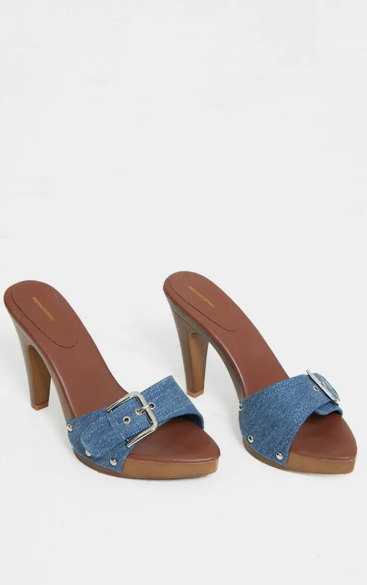 PrettyLittleThing Mules*Denim Buckle Detail Vintage High Heeled Mules