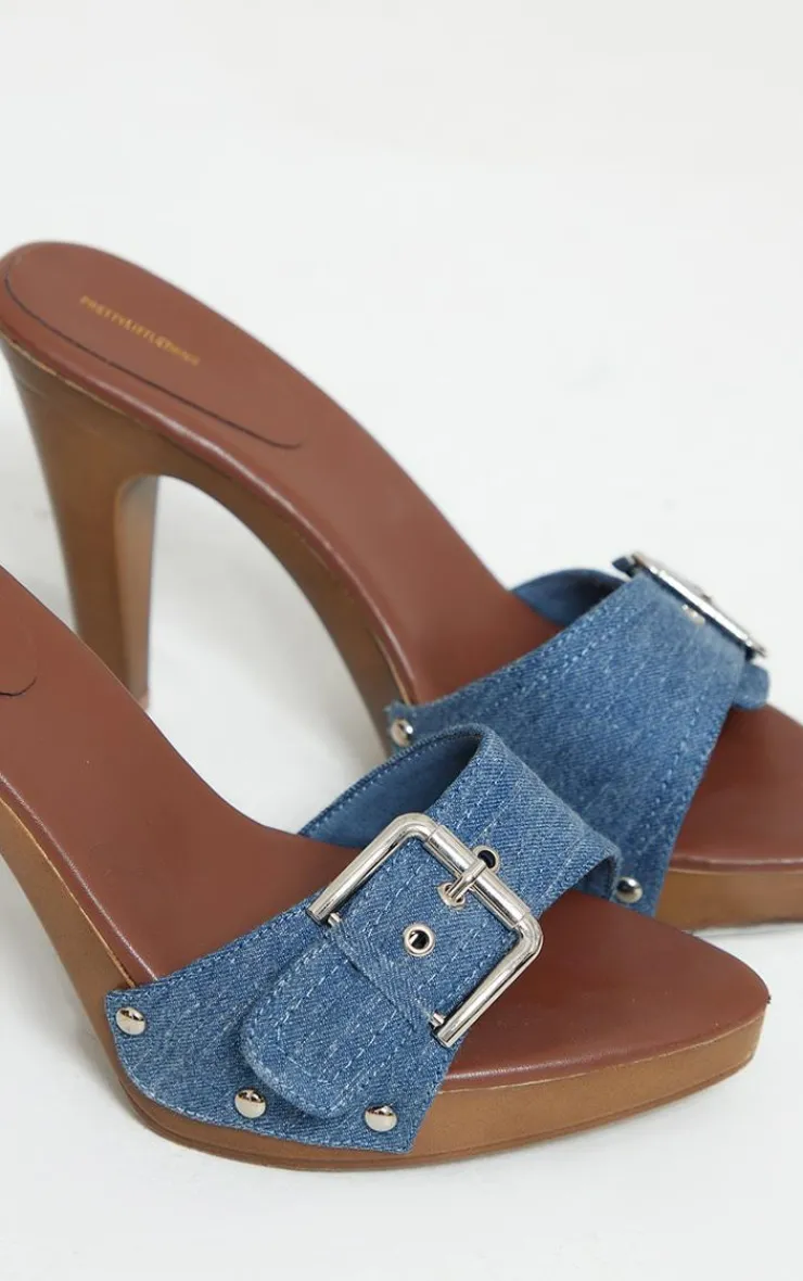 PrettyLittleThing Mules*Denim Buckle Detail Vintage High Heeled Mules