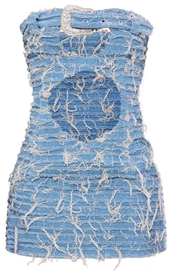 Denim Extreme Distressed Diamante Buckle Dress-PrettyLittleThing Discount
