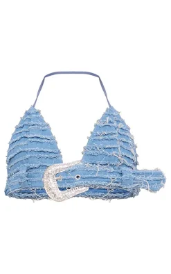 Sale PrettyLittleThing Denim Extreme Distressed Diamante Buckle Halterneck Top Blue