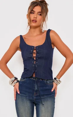 PrettyLittleThing Corsets*Denim Look Lace Up Detail Corset Top