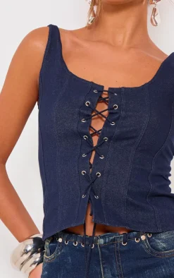 PrettyLittleThing Corsets*Denim Look Lace Up Detail Corset Top