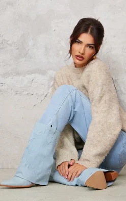 PrettyLittleThing Heeled Boots*Denim Point Toe Block Heel Fold Over Western Boot