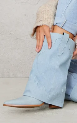 PrettyLittleThing Heeled Boots*Denim Point Toe Block Heel Fold Over Western Boot