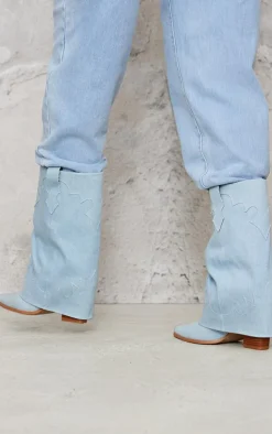 PrettyLittleThing Heeled Boots*Denim Point Toe Block Heel Fold Over Western Boot