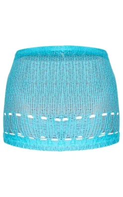 Discount PrettyLittleThing Distressed Open Knit Mini Skirt Blue