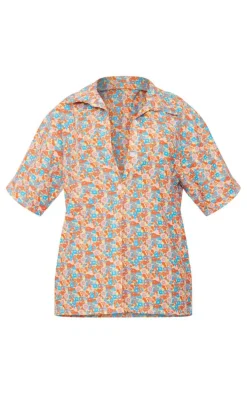 Blue Ditsy Floral Print Button Up Beach Shirt