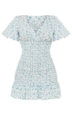 Ditsy Floral Print Shirred V Neck Bodycon Dress-PrettyLittleThing Sale