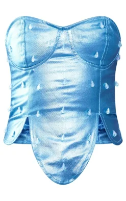 New PrettyLittleThing Embellished Metallic Coated Denim Corset Top Blue