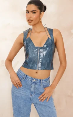 PrettyLittleThing Bralets*Faux Leather Bralet Detail Long Top