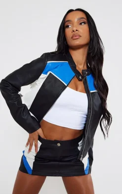 Clearance PrettyLittleThing Faux Leather Contrast Panel Mini Skirt Blue