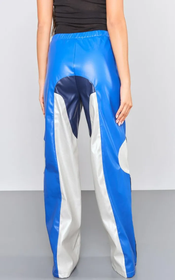 Blue Faux Leather Panel Detail Motorcross Pants