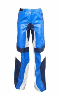 Blue Faux Leather Panel Detail Motorcross Pants