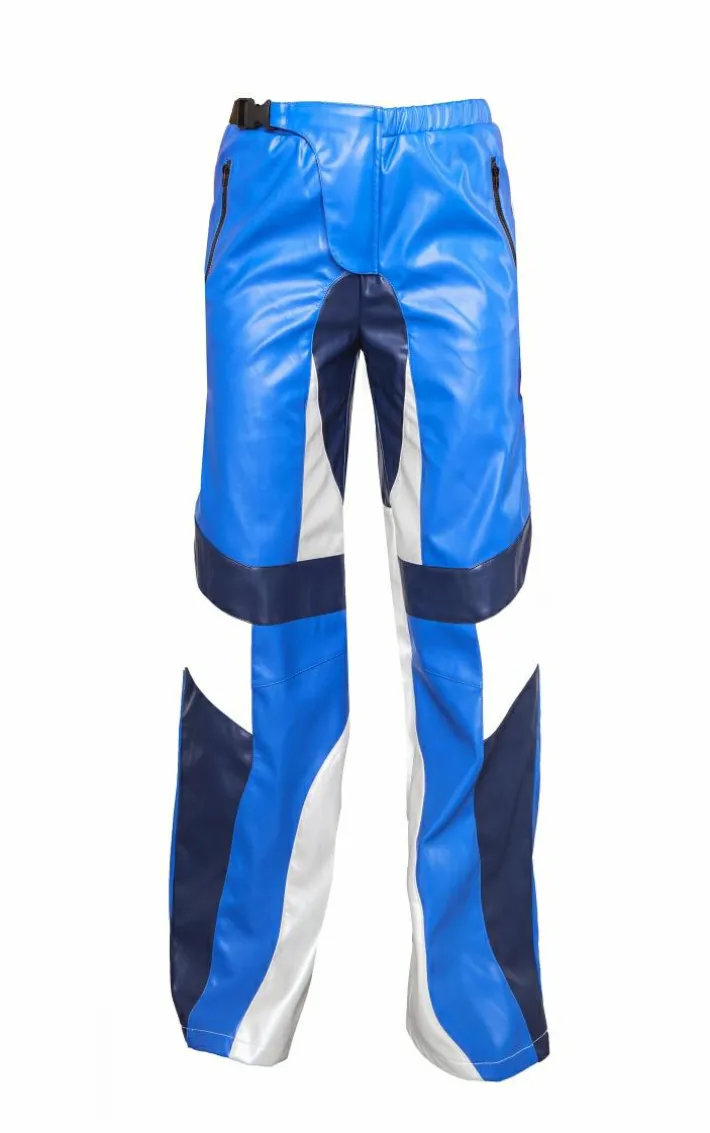 Blue Faux Leather Panel Detail Motorcross Pants