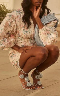 PrettyLittleThing High Heels*Faux Suede Square Toe Corsage Detail Lace Up High Heeled Sandals