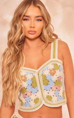 PrettyLittleThing Knitted Tops*Floral Crochet Stitch Detail Crop Top