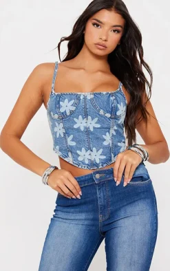 PrettyLittleThing Corsets*Floral Print Denim Corset Top