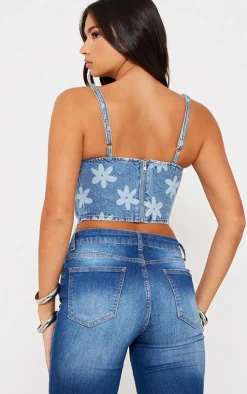 PrettyLittleThing Corsets*Floral Print Denim Corset Top