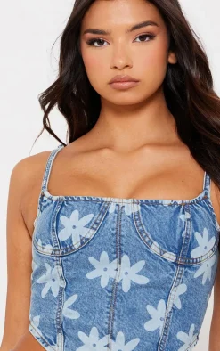 PrettyLittleThing Corsets*Floral Print Denim Corset Top